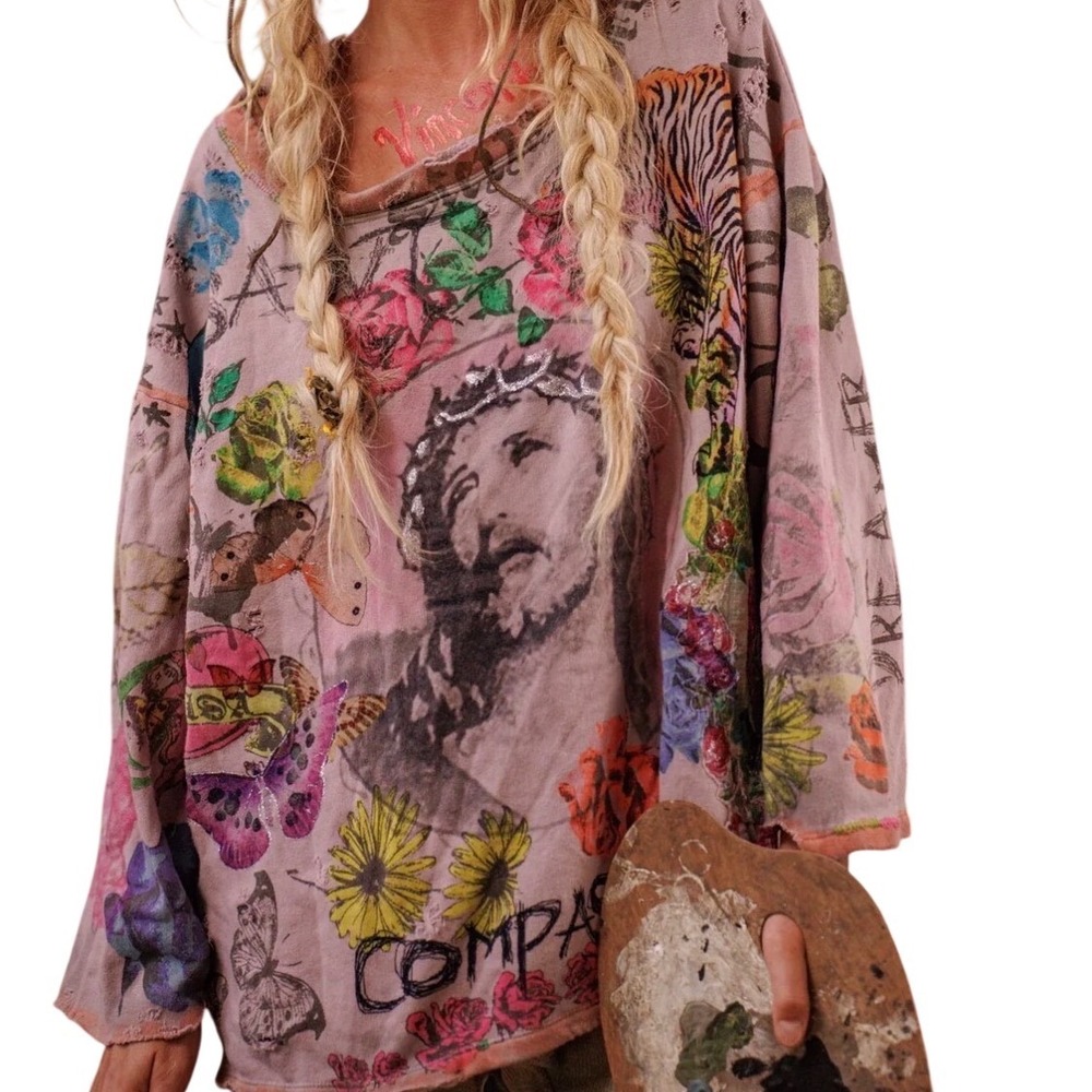 MAGNOLIA PEARL Distressed Cotton Gray Glitter Sweatshirt Jesus Tiger Lillies NWT